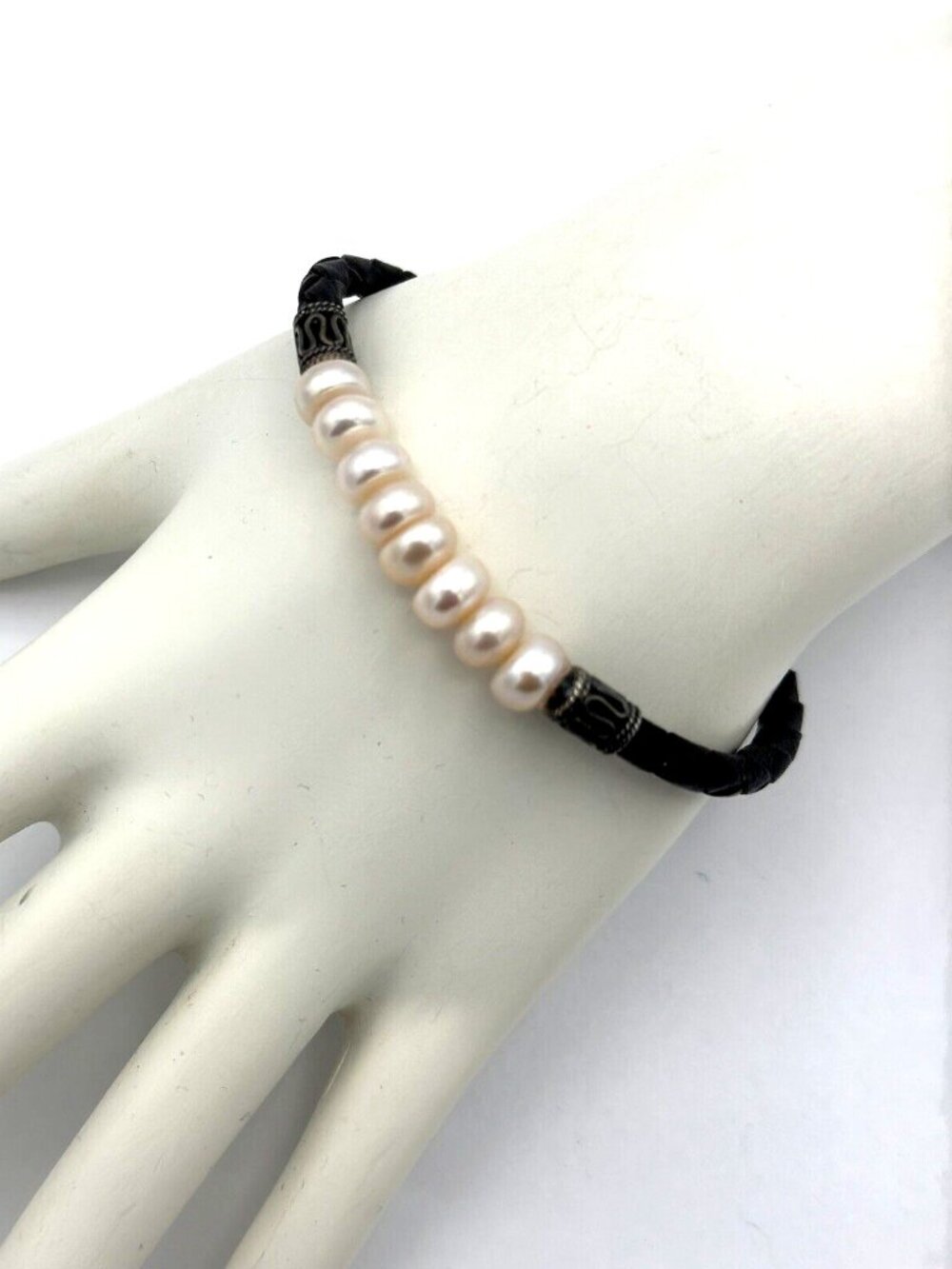 CULTURED PEARL bracelet - sterling silver 7.5" black braided leather band Bali